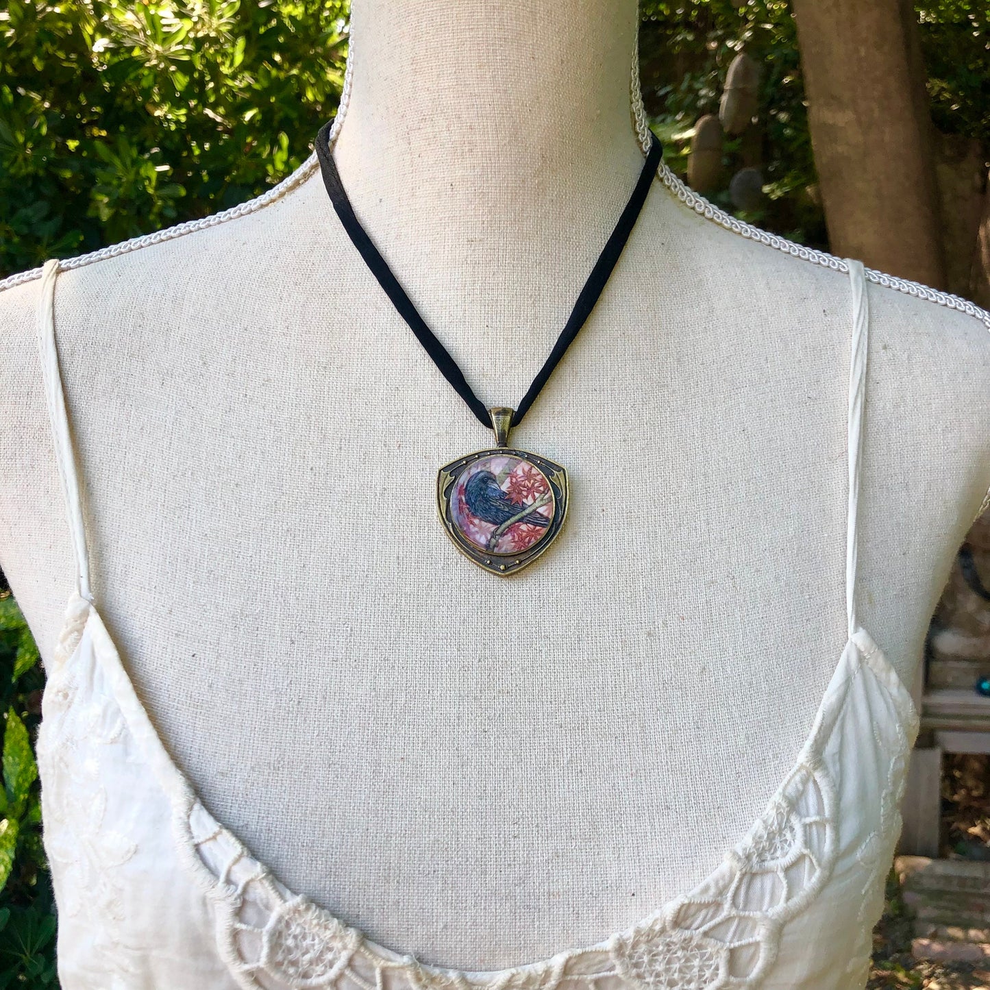 Crow and Japanese Maple Double Sided Necklace