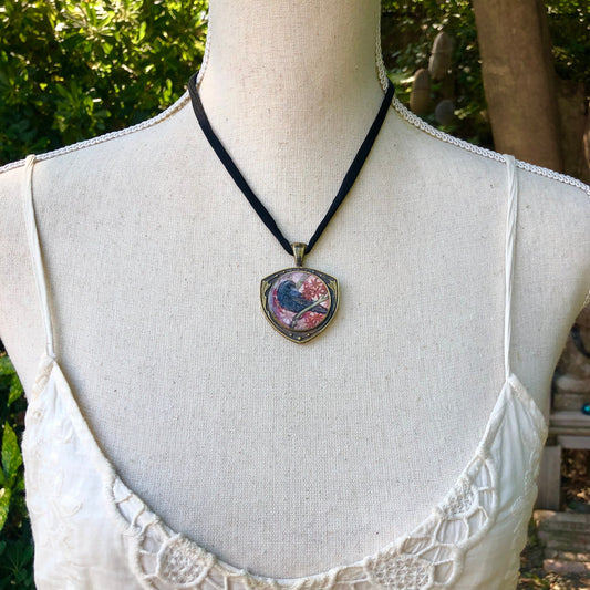 Crow and Japanese Maple Double Sided Necklace