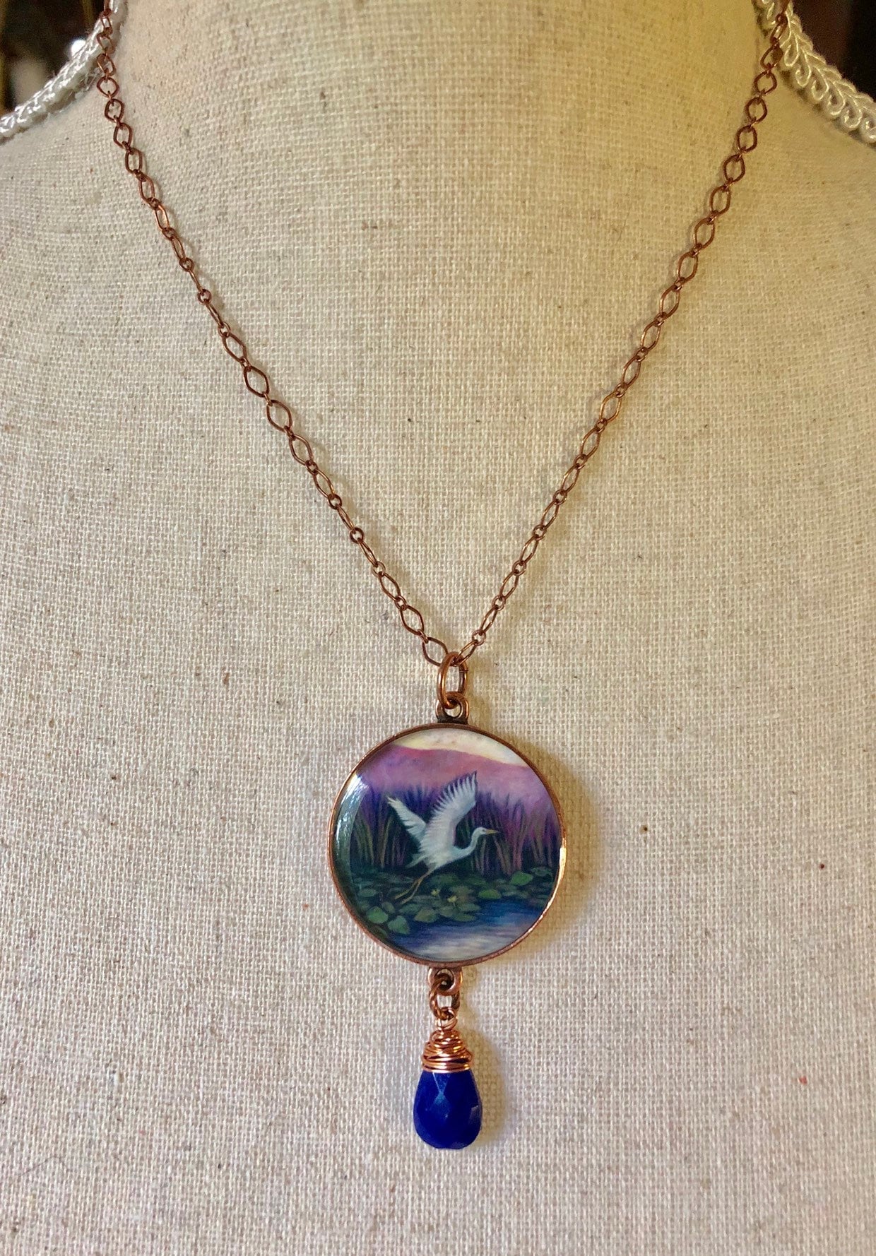 Great Egret Lapis Lazuli Copper Necklace