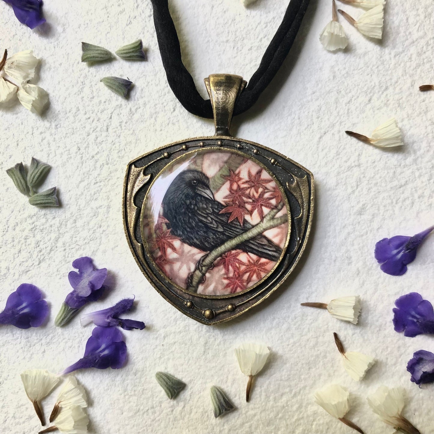 Crow and Japanese Maple Double Sided Necklace