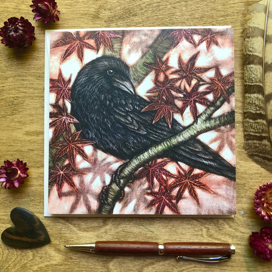 Crow and Japanese Maple Square Card