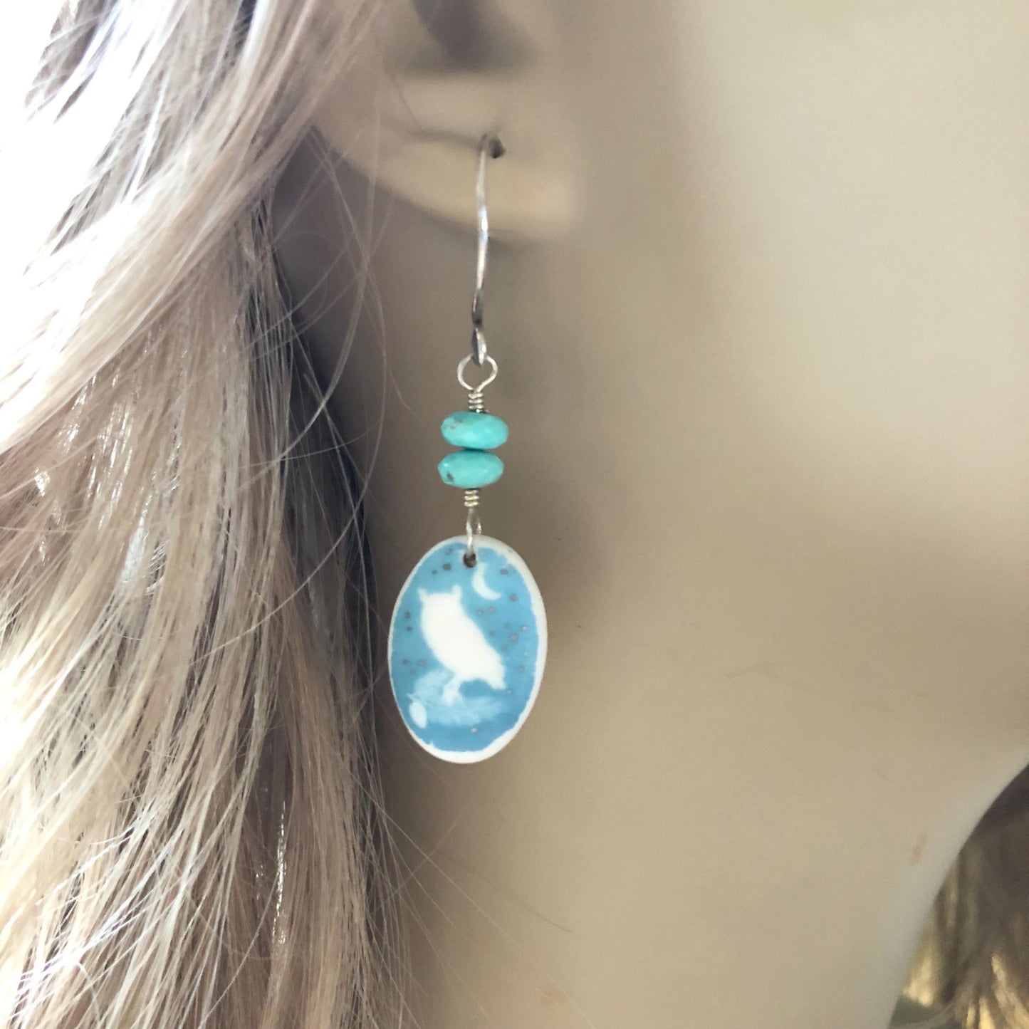 Handmade Porcelain Screech Owl Dangle Earrings