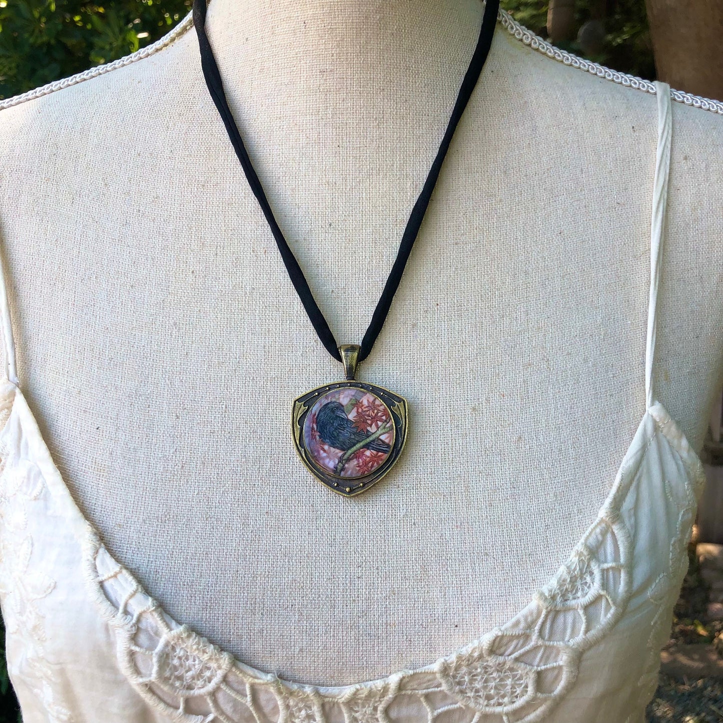 Crow and Japanese Maple Double Sided Necklace