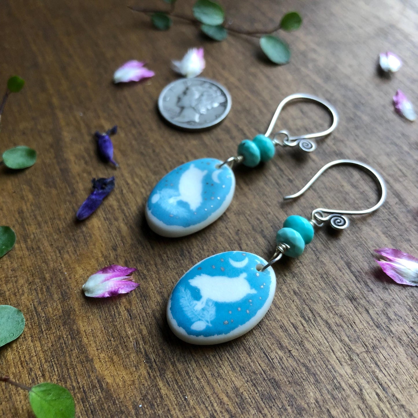 Handmade Porcelain Screech Owl Dangle Earrings