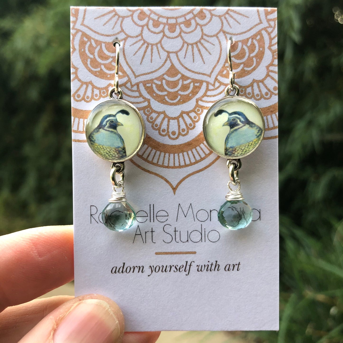 Silver Quail with Aqua Hydro Quartz Dangles