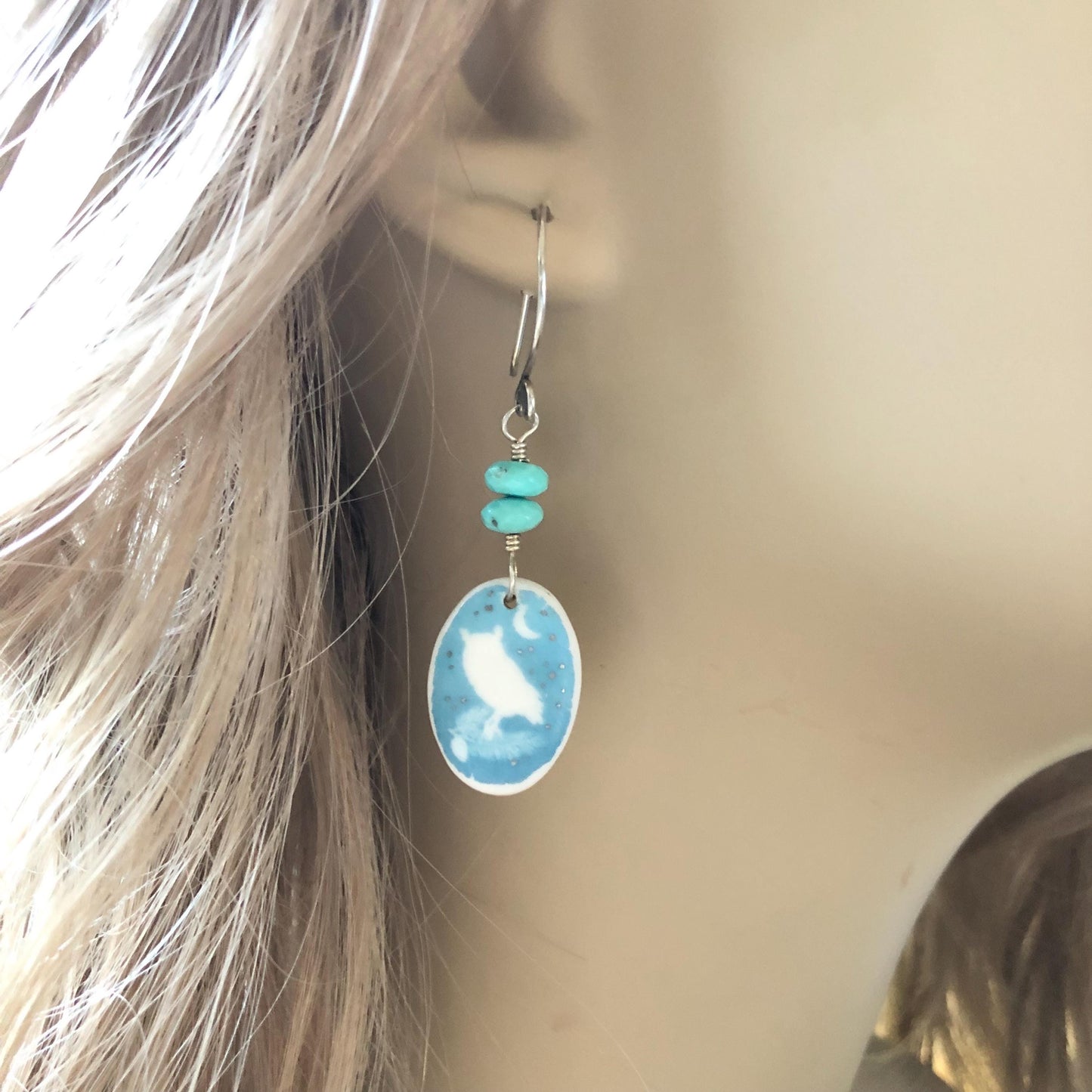 Handmade Porcelain Screech Owl Dangle Earrings