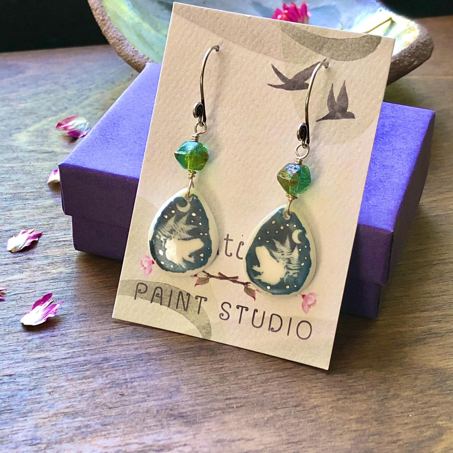 Toad Earrings with faceted green Czech glass