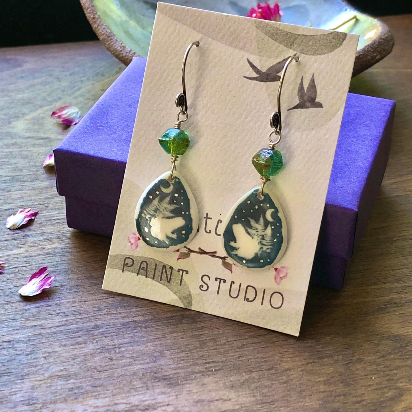 Toad Earrings with faceted green Czech glass