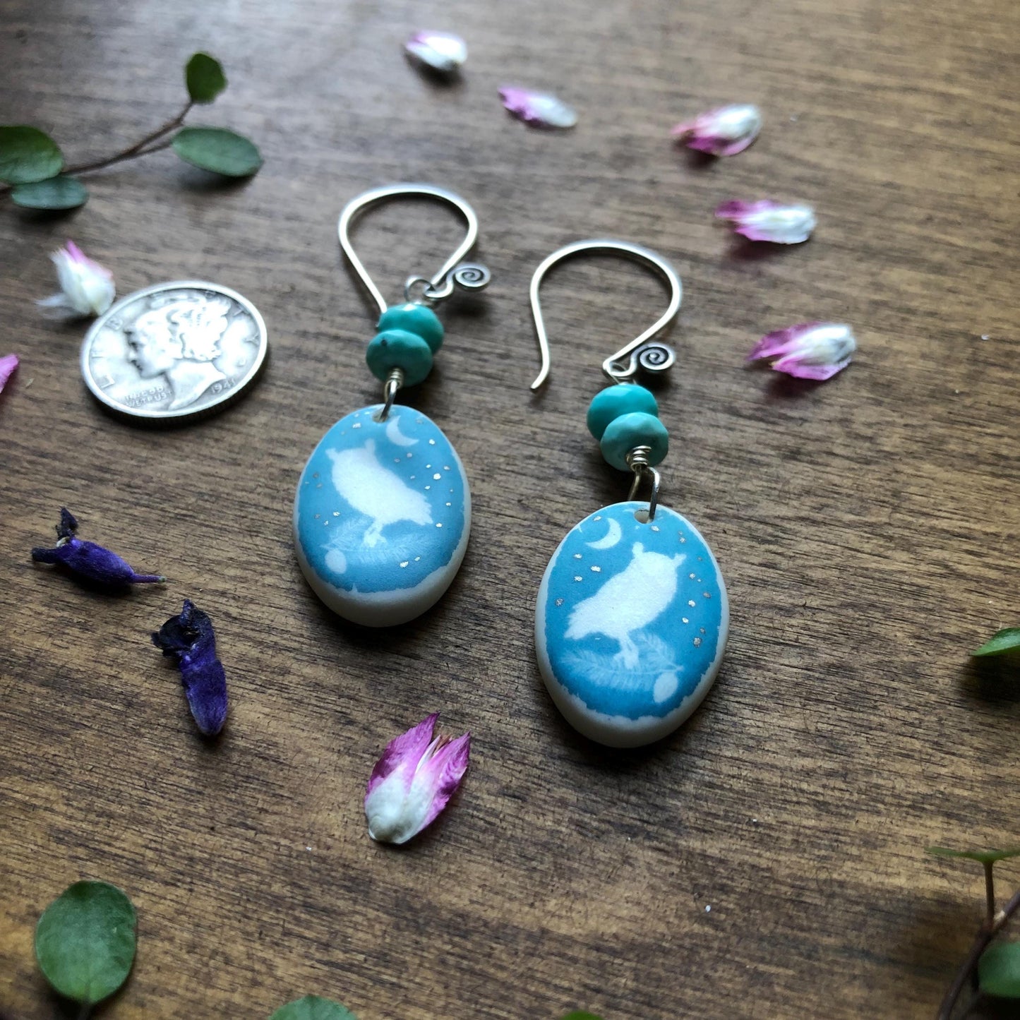 Handmade Porcelain Screech Owl Dangle Earrings