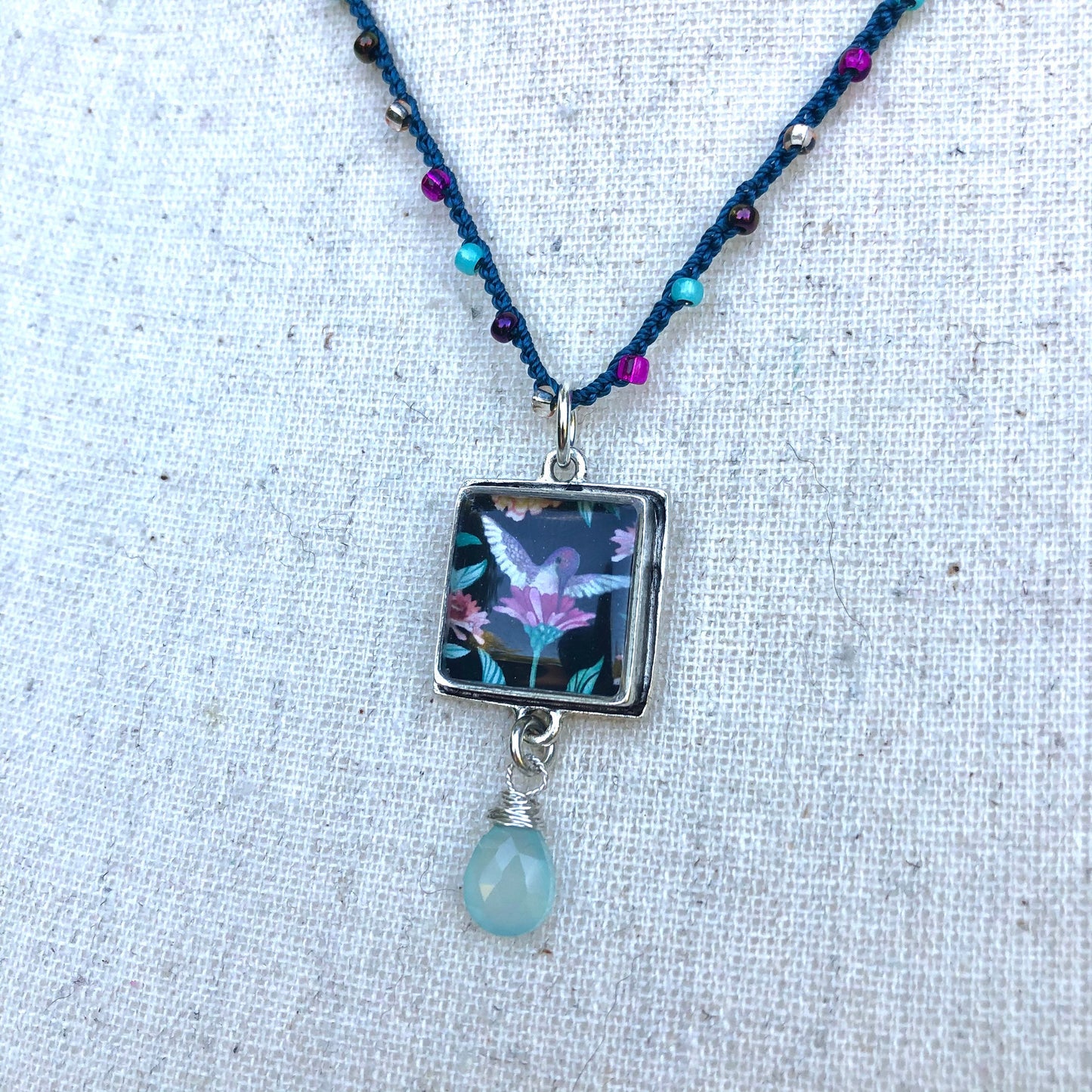 Crochet Hummingbird Necklace with Chalcedony Dangle