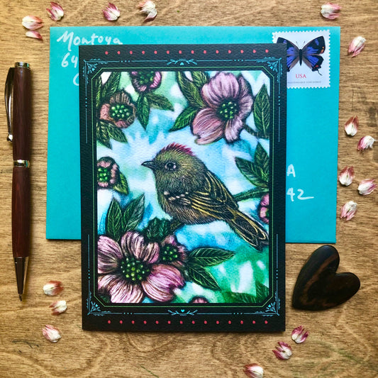 Ruby-crowned Kinglet and Dogwood Greeting Card
