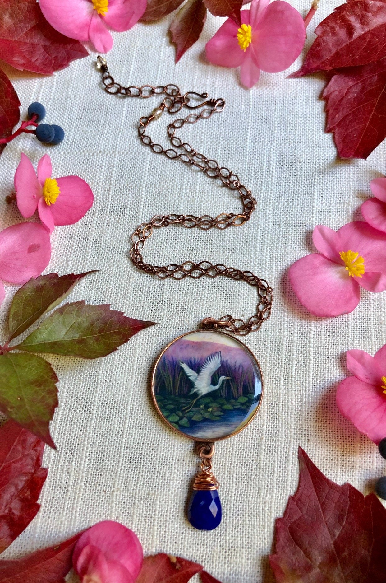Great Egret Lapis Lazuli Copper Necklace