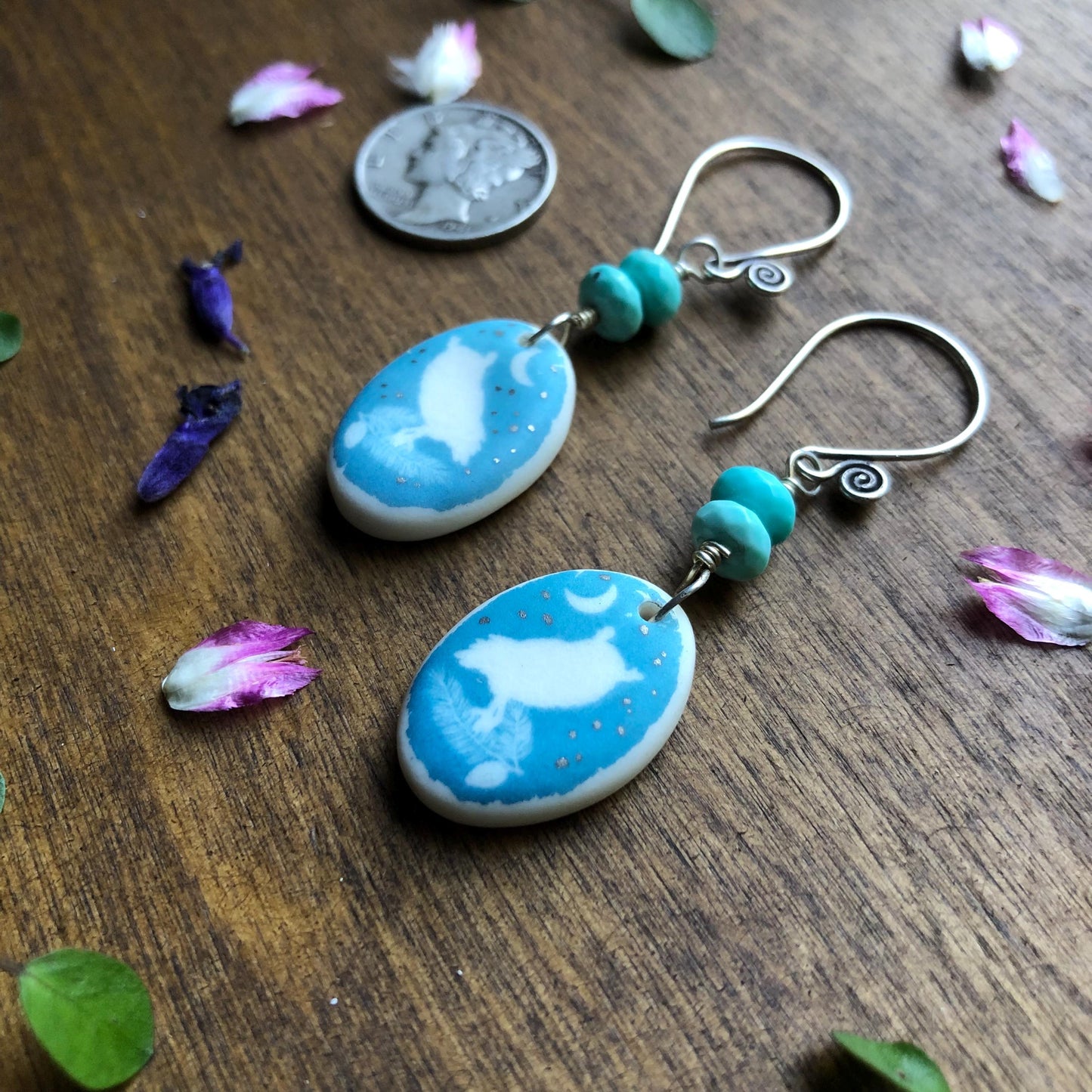 Handmade Porcelain Screech Owl Dangle Earrings