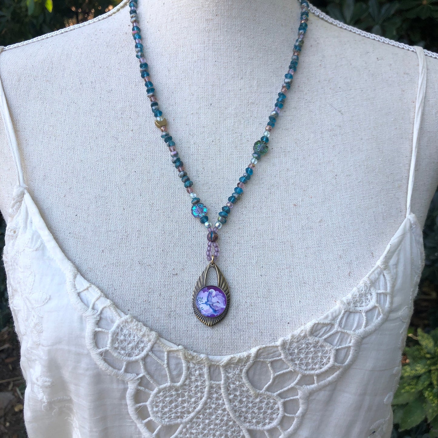 Sandhill Crane and Blossom Long Necklace