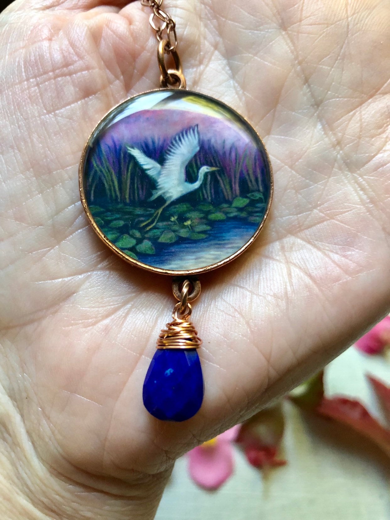 Great Egret Lapis Lazuli Copper Necklace