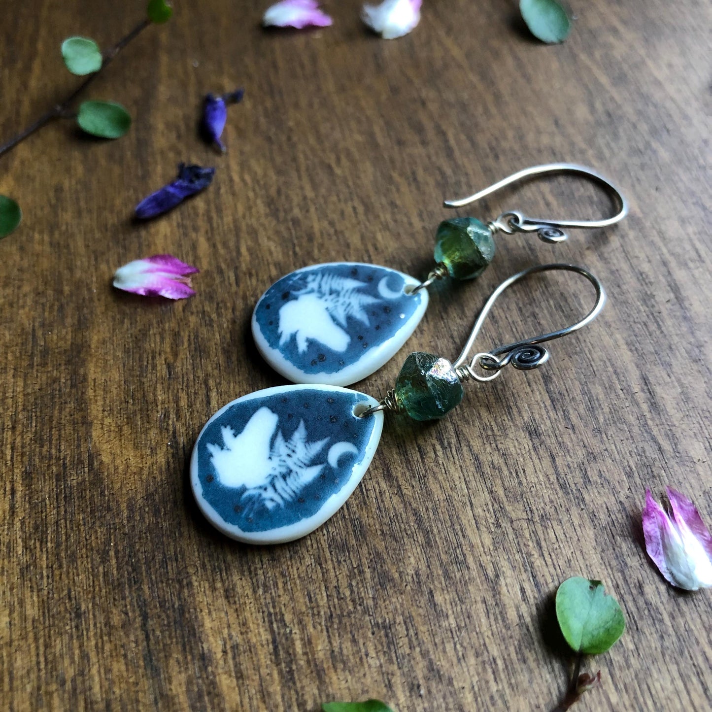 Toad Earrings with faceted green Czech glass