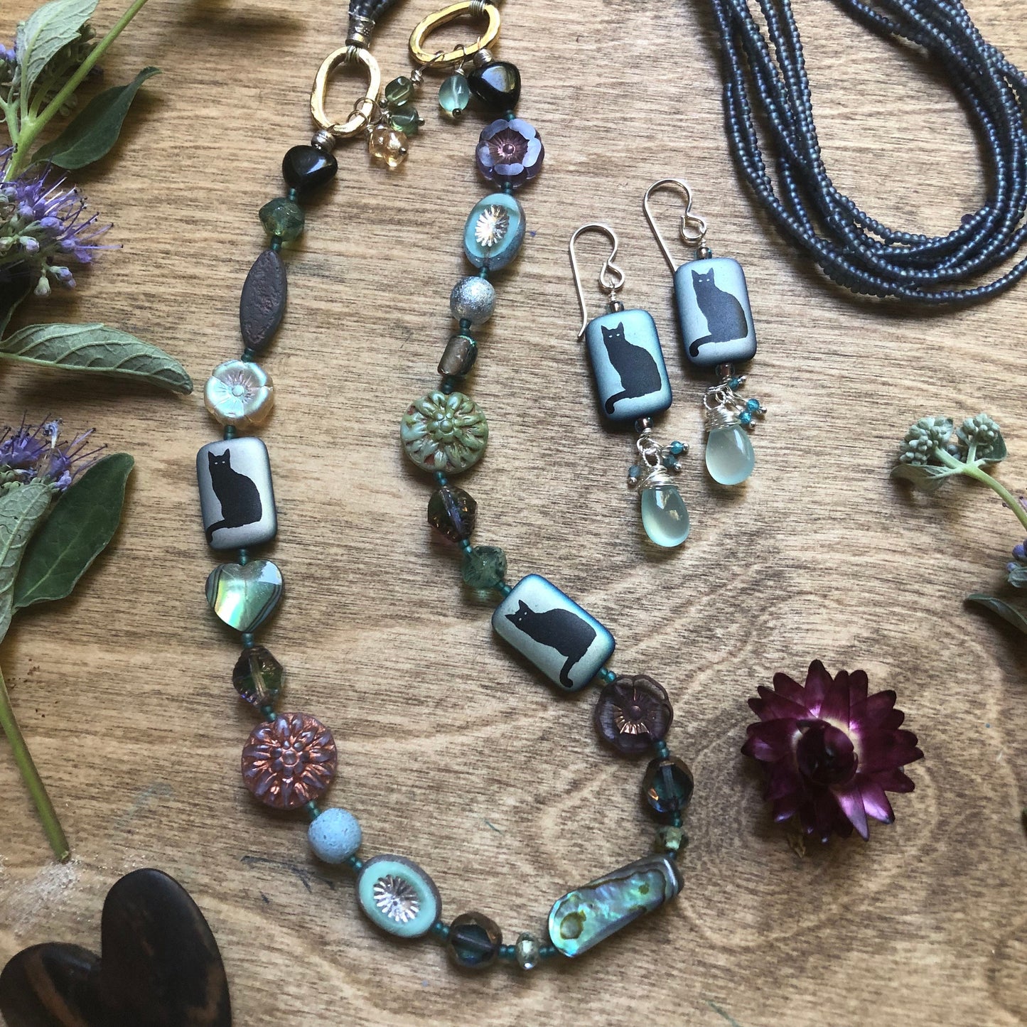 Multi Strand Czech Glass Cat Lover Necklace