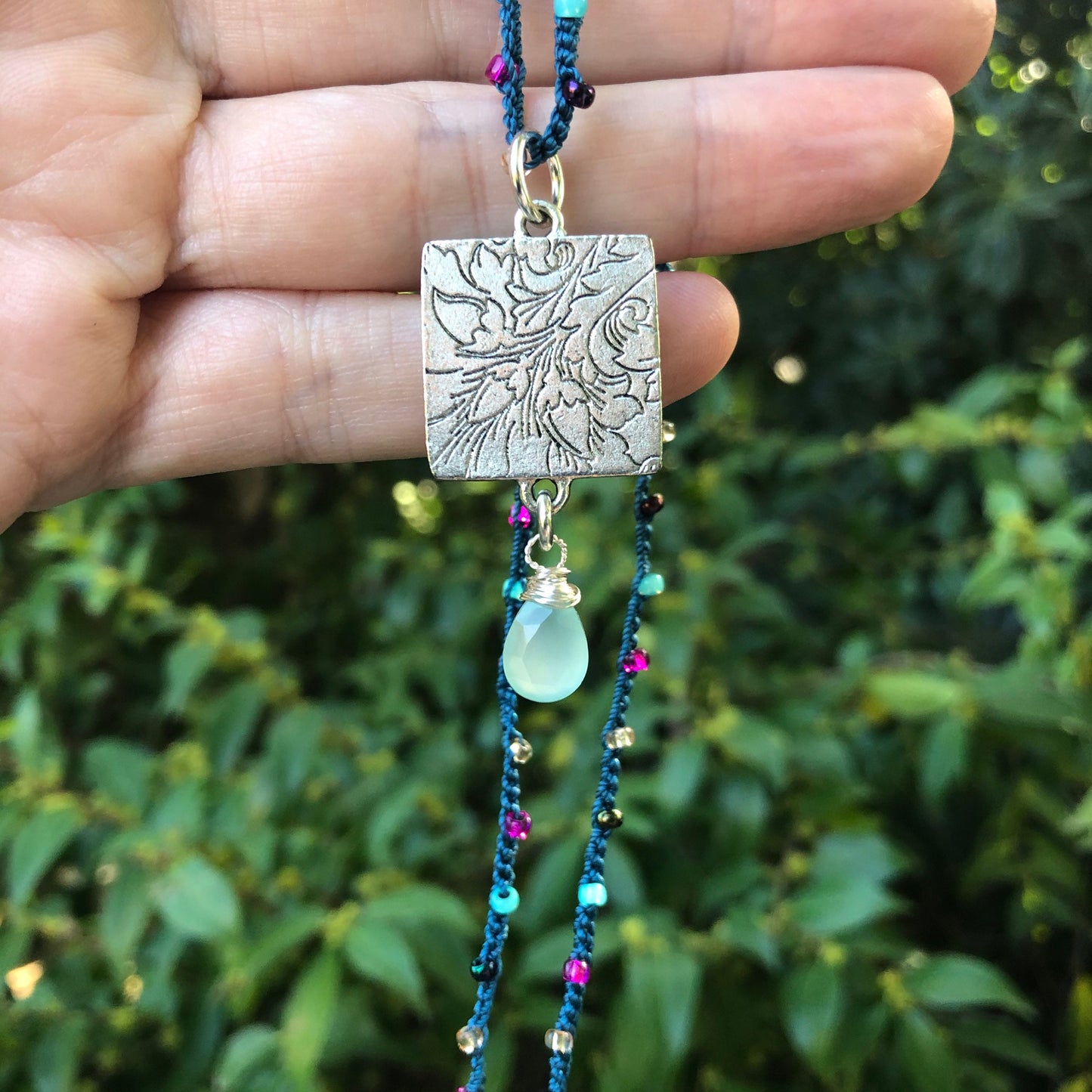 Crochet Hummingbird Necklace with Chalcedony Dangle