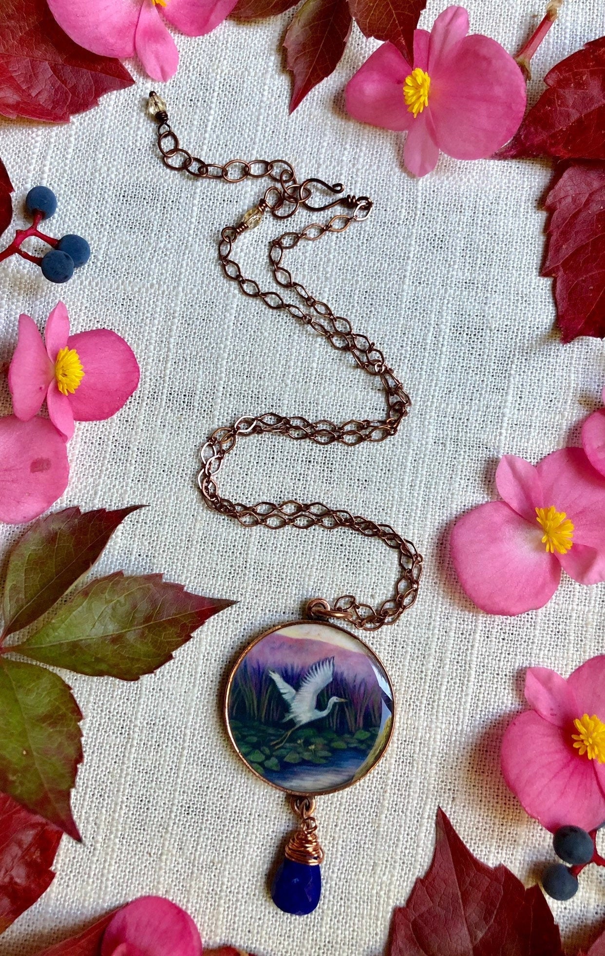 Great Egret Lapis Lazuli Copper Necklace