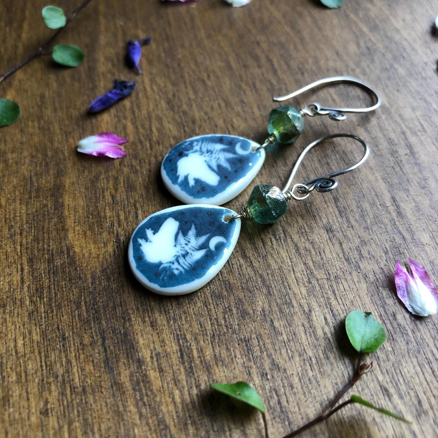 Toad Earrings with faceted green Czech glass