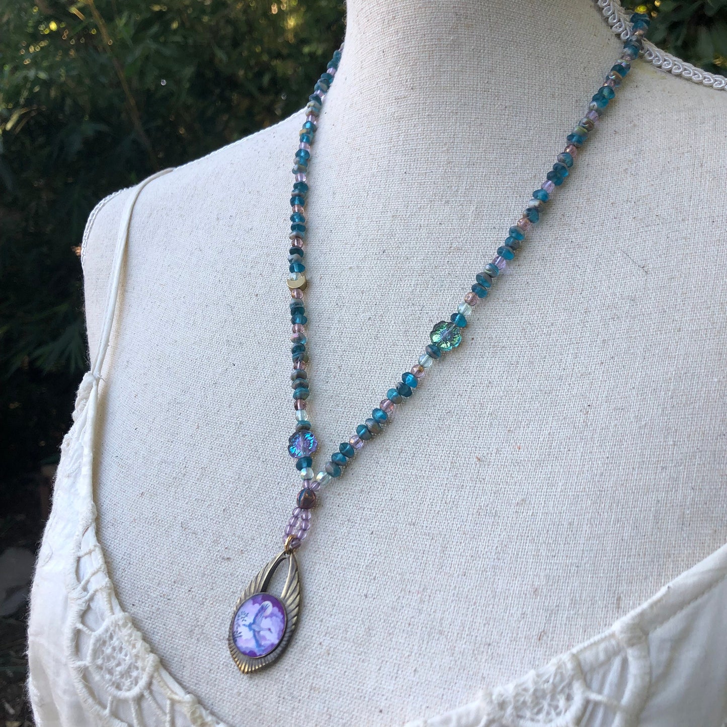 Sandhill Crane and Blossom Long Necklace