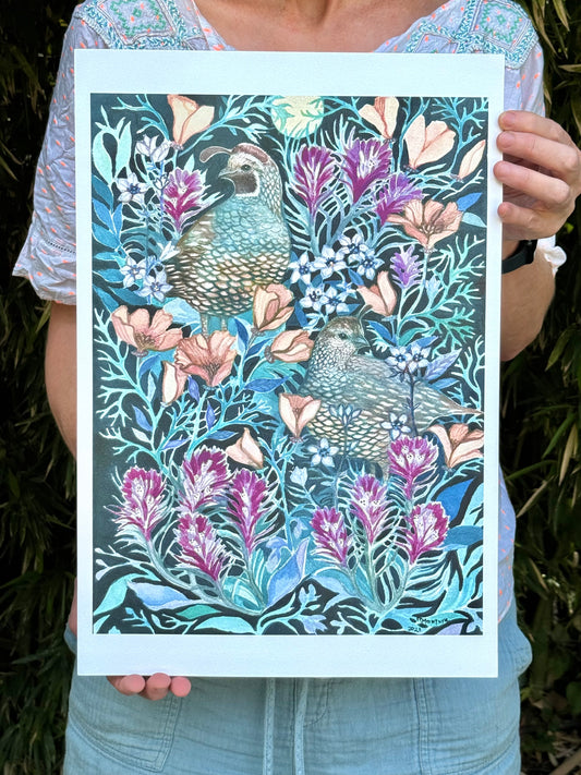 Wildflowers and Quail Archival Print
