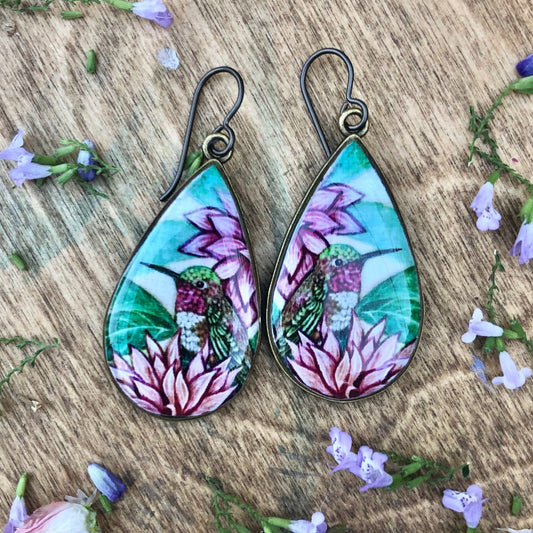 Hummingbird and Dahlia Teardrop Earrings