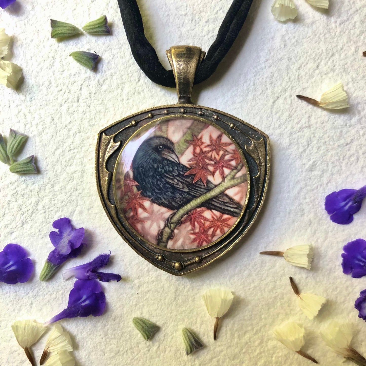 Crow and Japanese Maple Double Sided Necklace