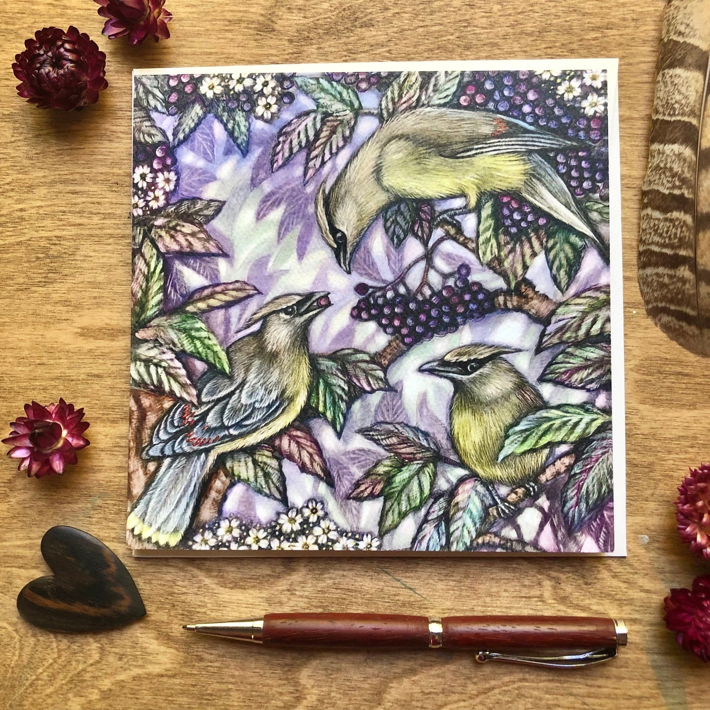 Cedar Waxwings and Elderberry Greeting Card