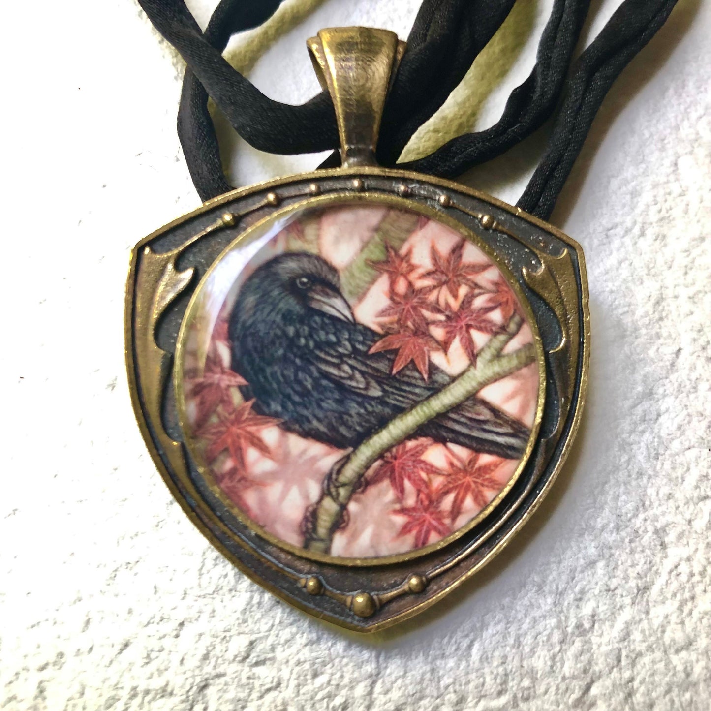 Crow and Japanese Maple Double Sided Necklace