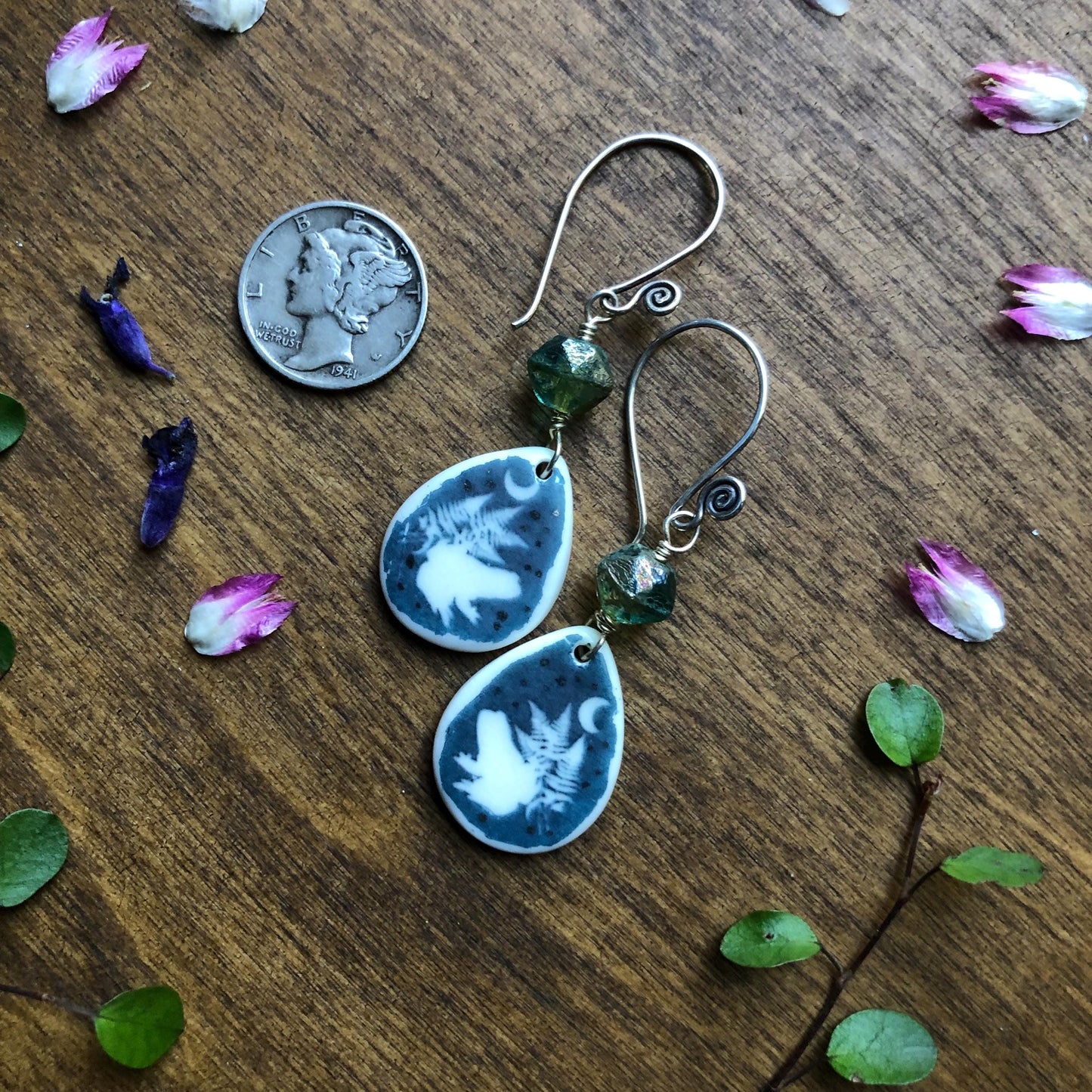 Toad Earrings with faceted green Czech glass