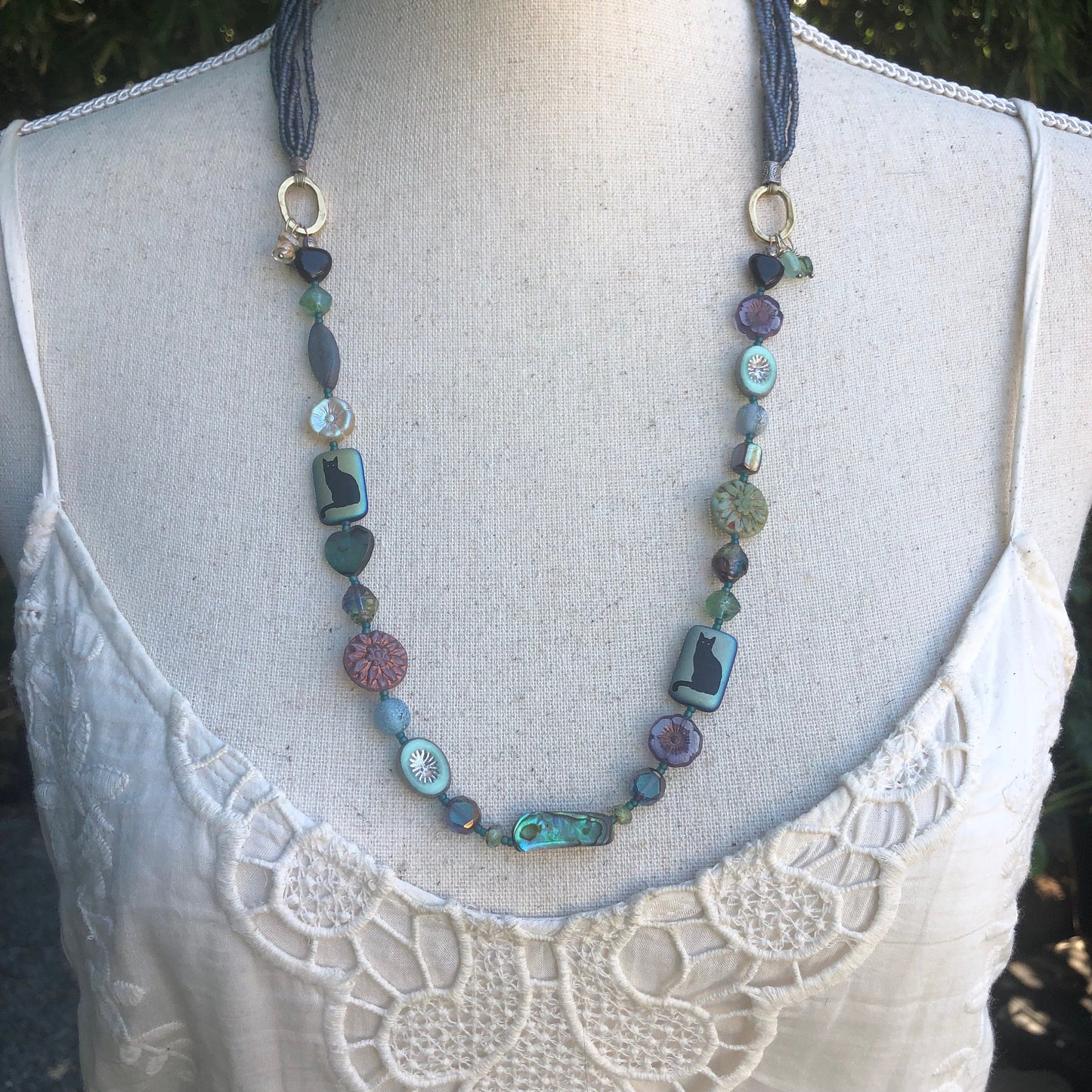 Multi Strand Czech Glass Cat Lover Necklace