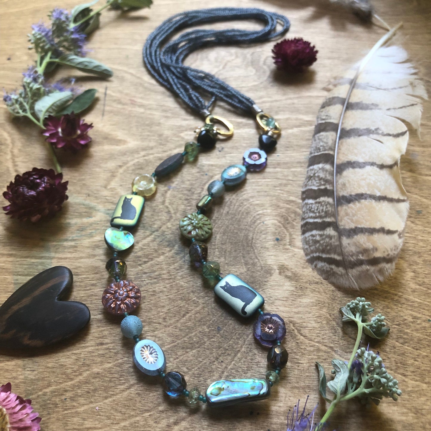 Multi Strand Czech Glass Cat Lover Necklace