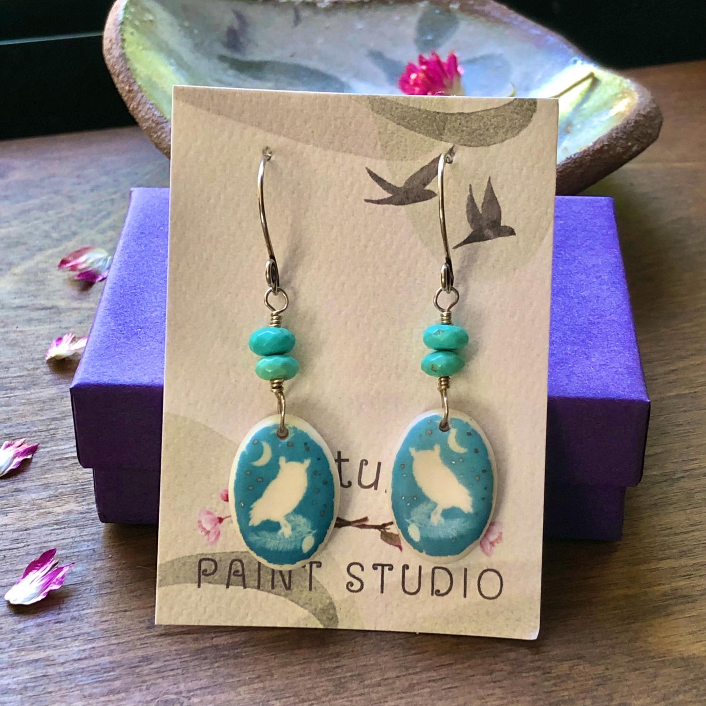 Handmade Porcelain Screech Owl Dangle Earrings