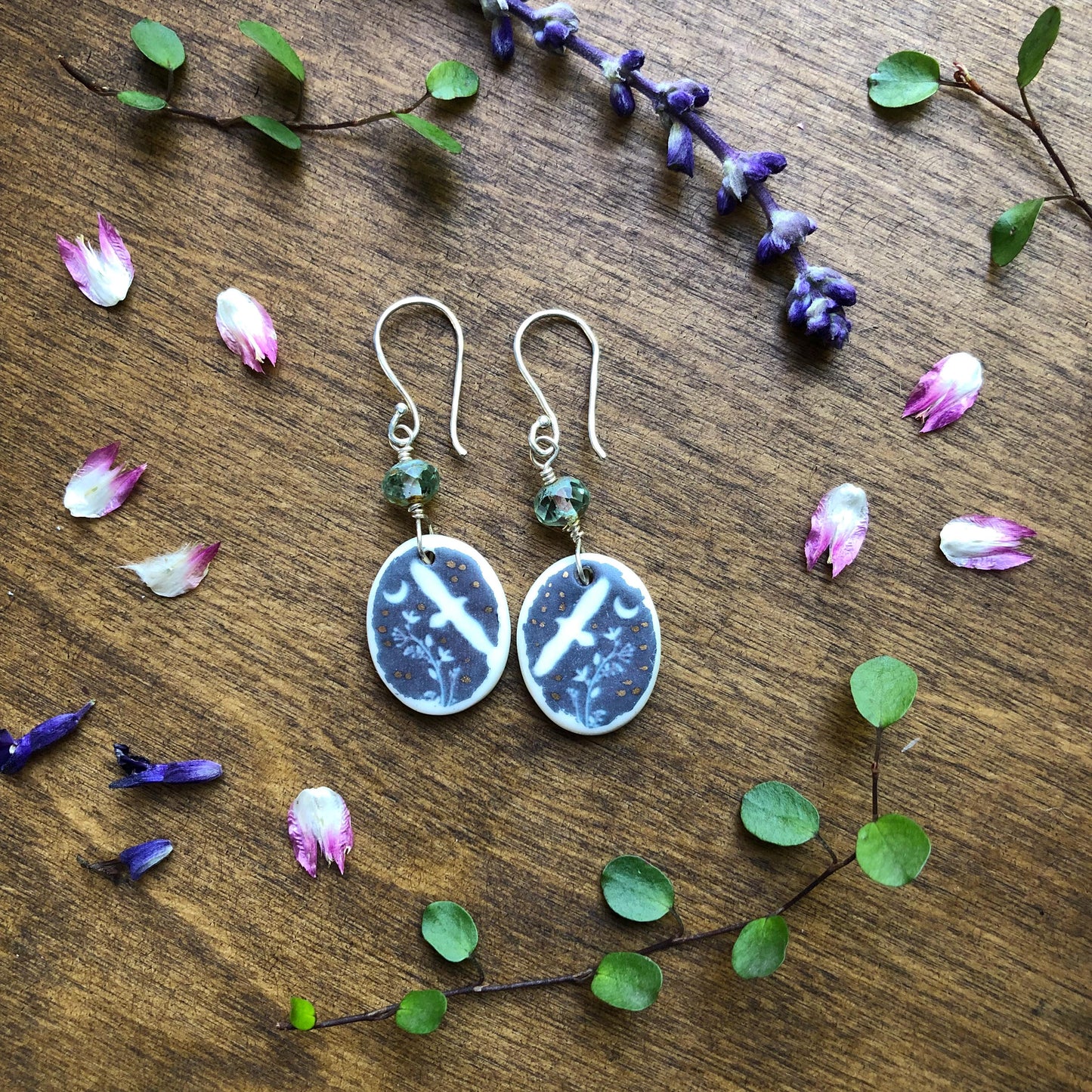 Hawk earrings With Faceted Sea Foam Glass Beads