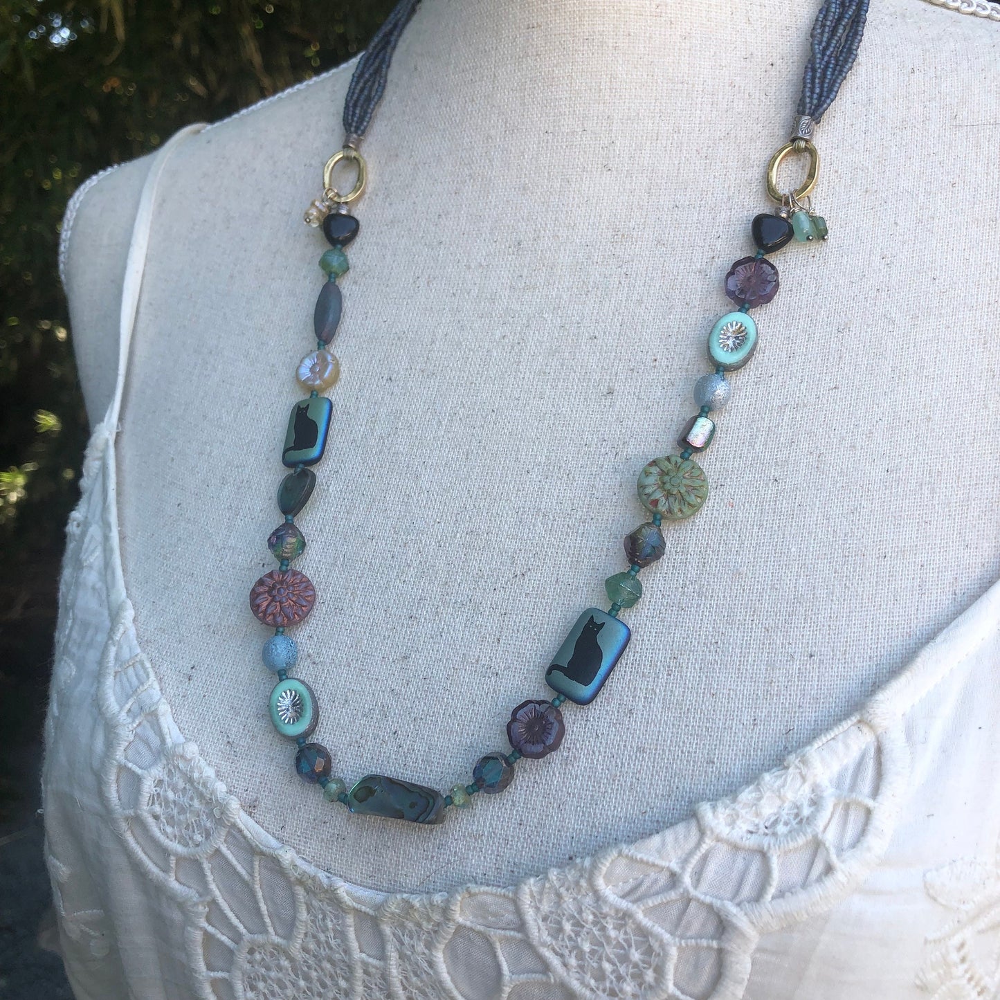 Multi Strand Czech Glass Cat Lover Necklace