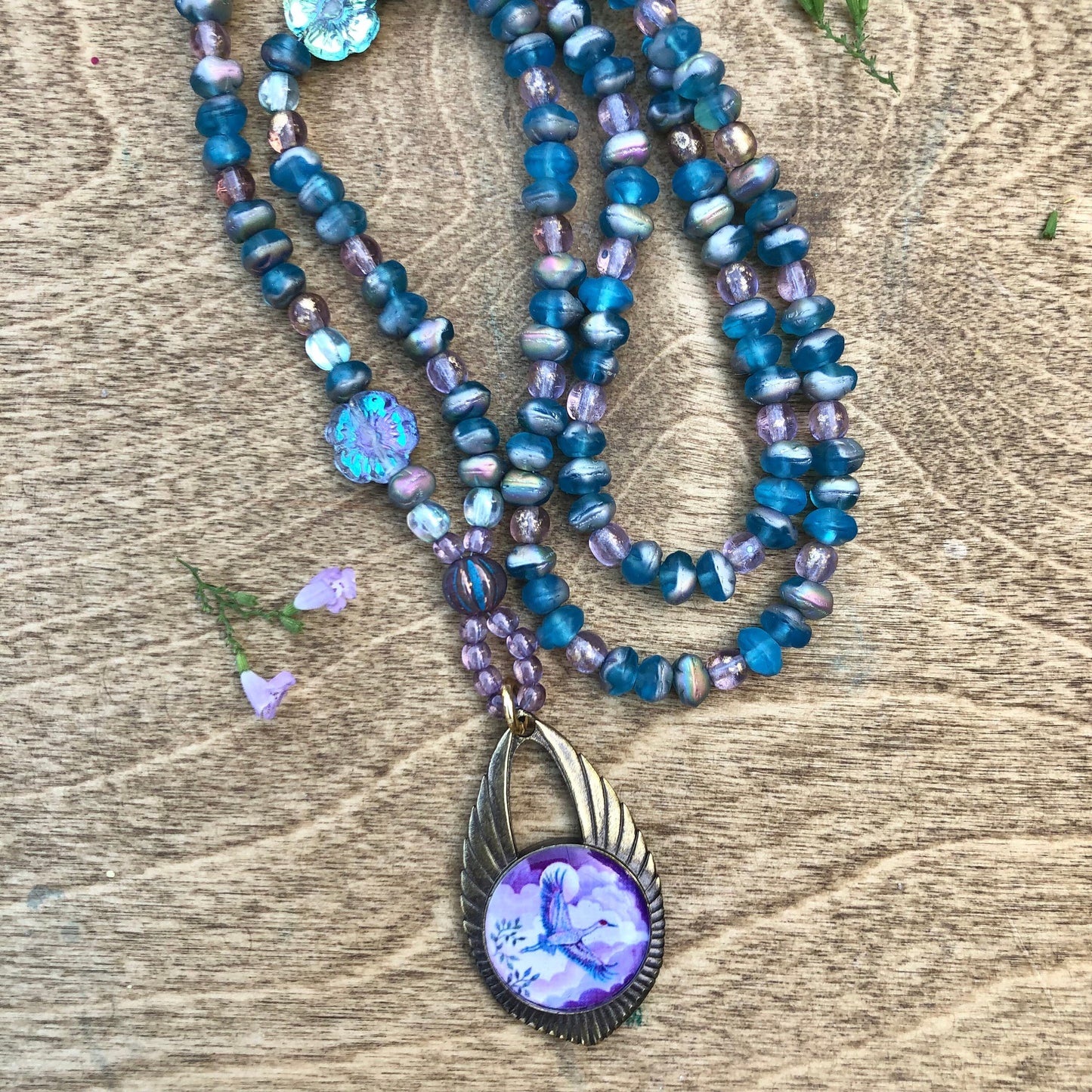 Sandhill Crane and Blossom Long Necklace