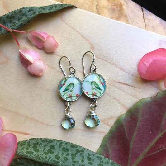 Hummingbird and Aqua Hydro Quartz Dangles
