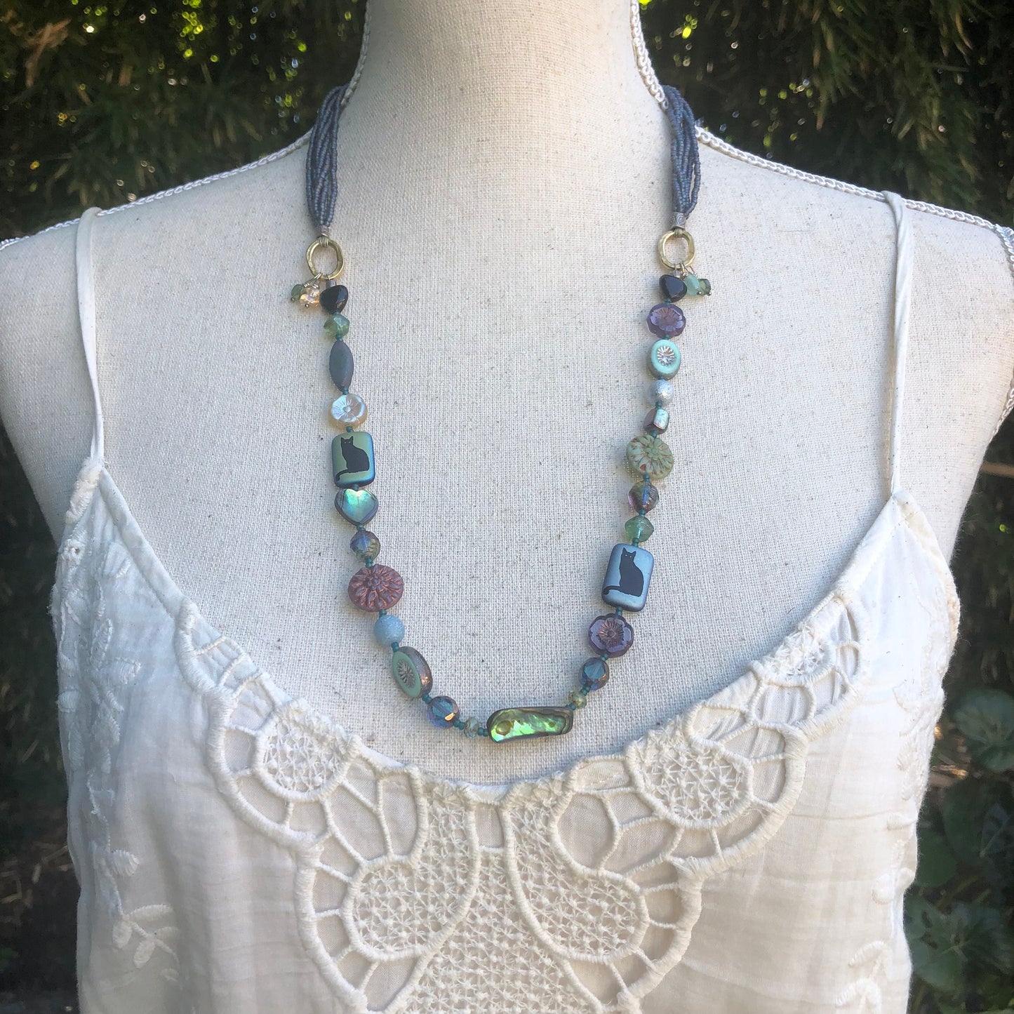 Multi Strand Czech Glass Cat Lover Necklace