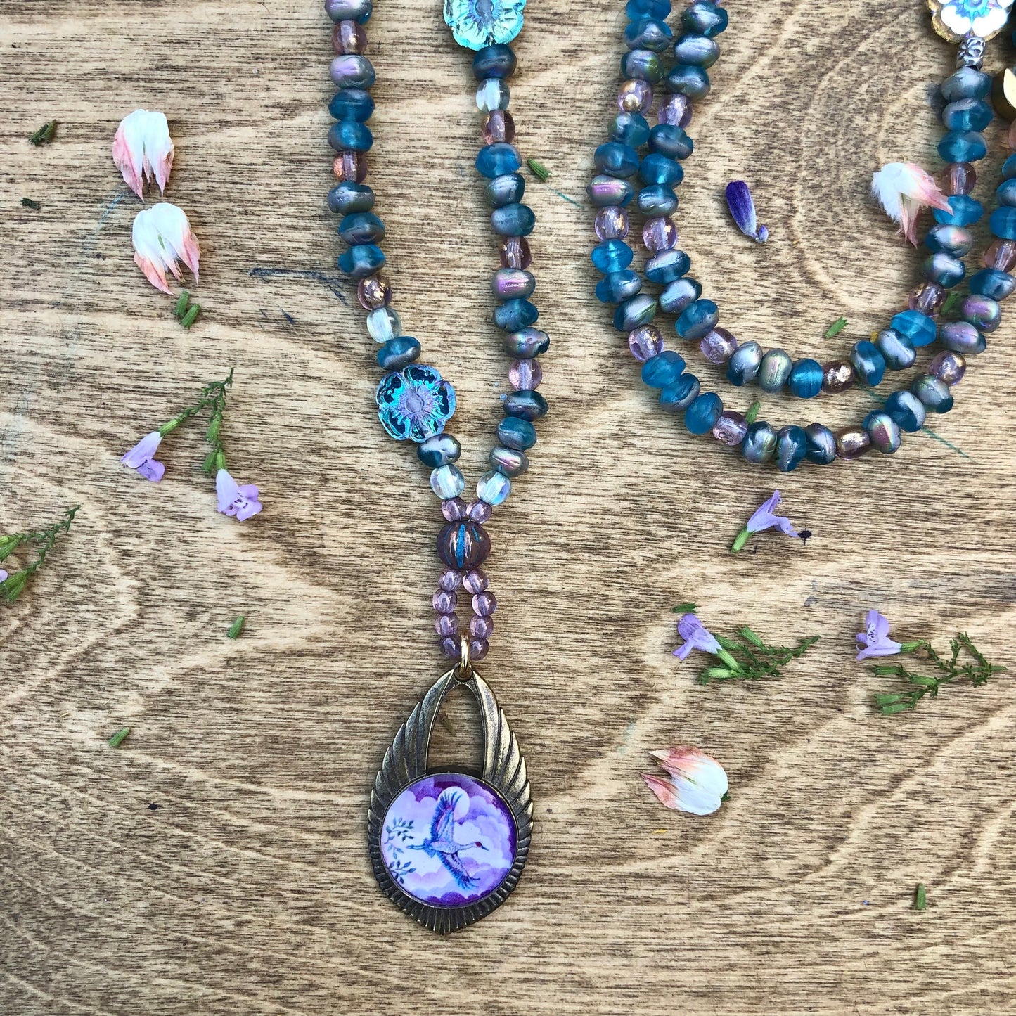 Sandhill Crane and Blossom Long Necklace