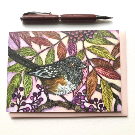 Spotted Towhee and Chinese Pistache Greeting Card
