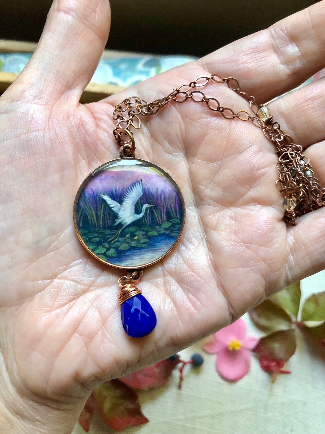 Great Egret Lapis Lazuli Copper Necklace