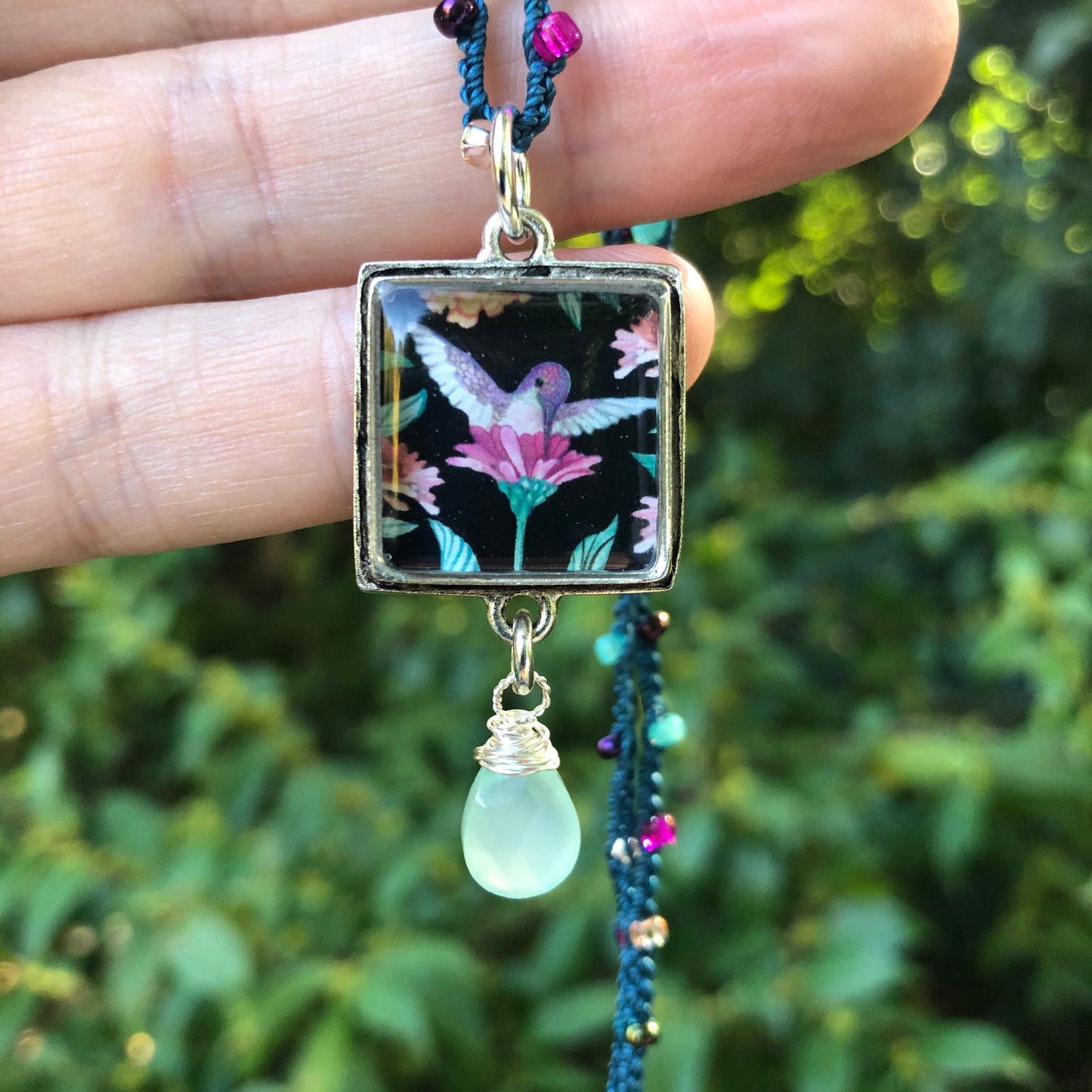 Crochet Hummingbird Necklace with Chalcedony Dangle