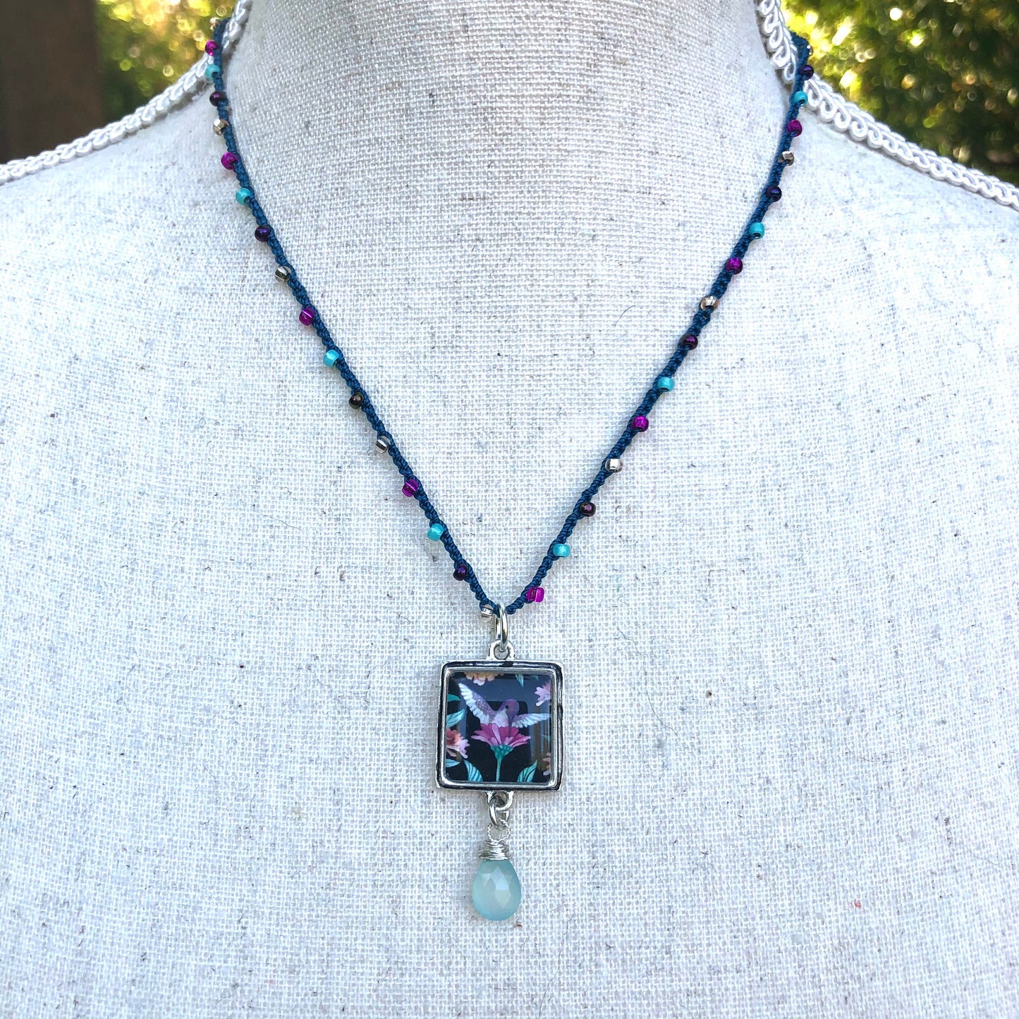 Crochet Hummingbird Necklace with Chalcedony Dangle