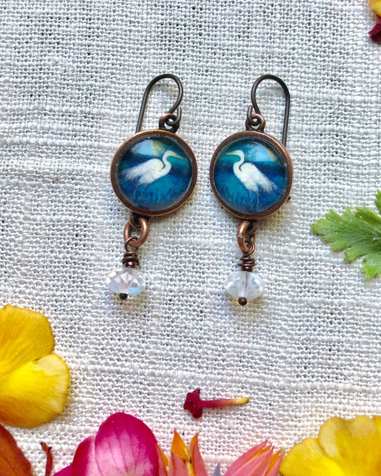 Copper Egret Earrings with Moonstone Dangles