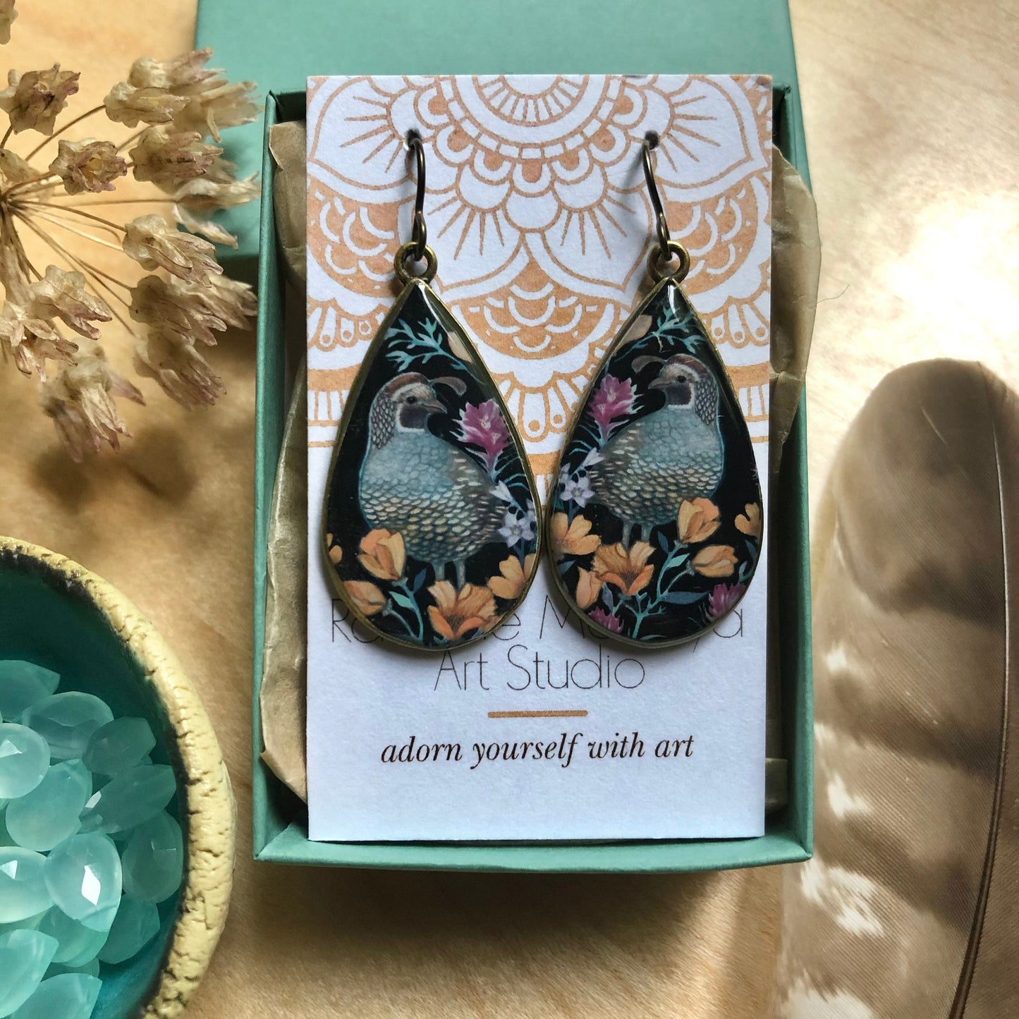 California Quail and Poppy Earrings