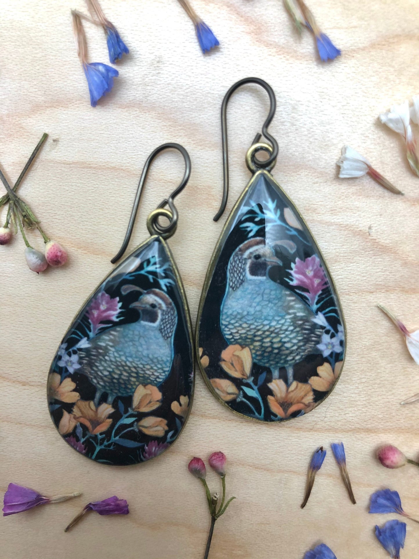 California Quail and Poppy Earrings