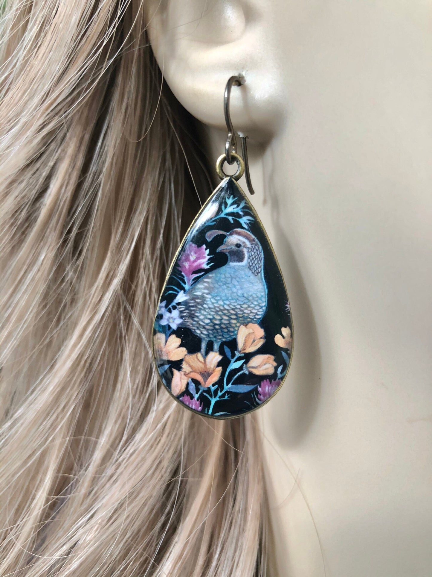 California Quail and Poppy Earrings