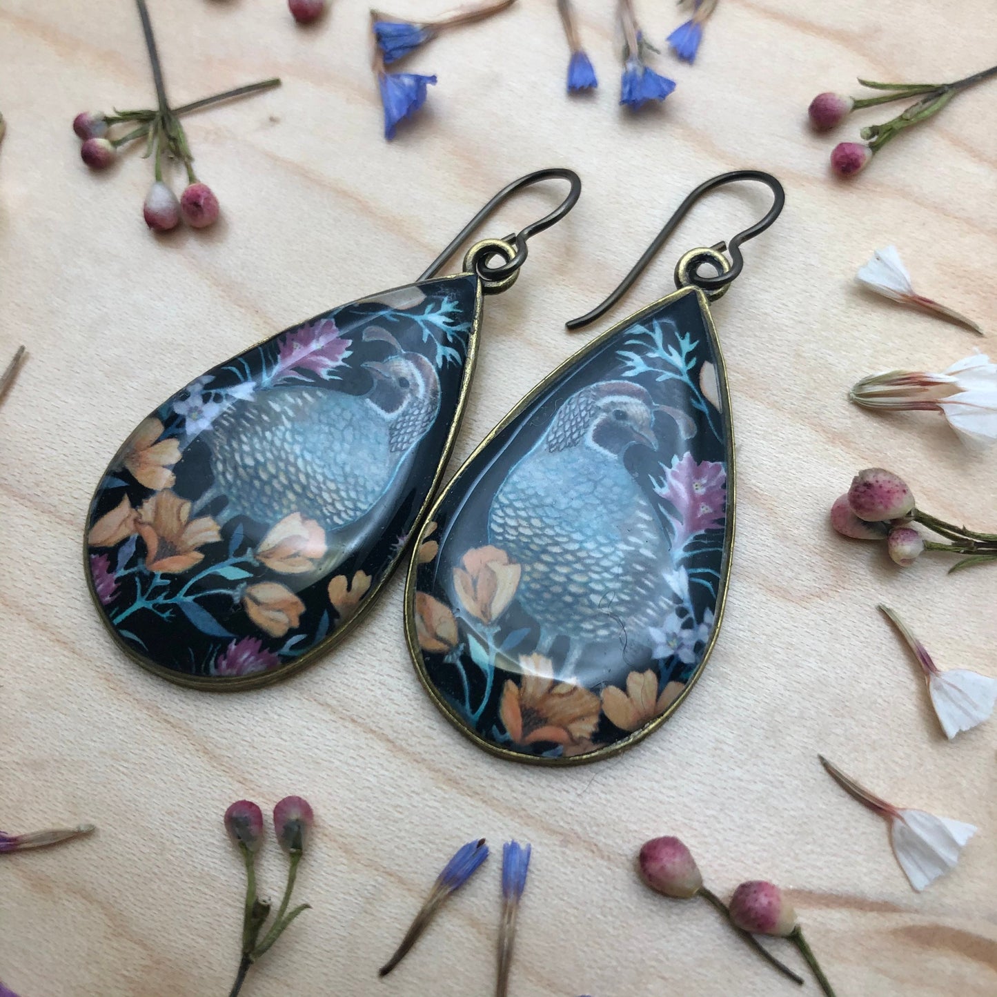 California Quail and Poppy Earrings
