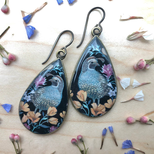 California Quail and Poppy Earrings